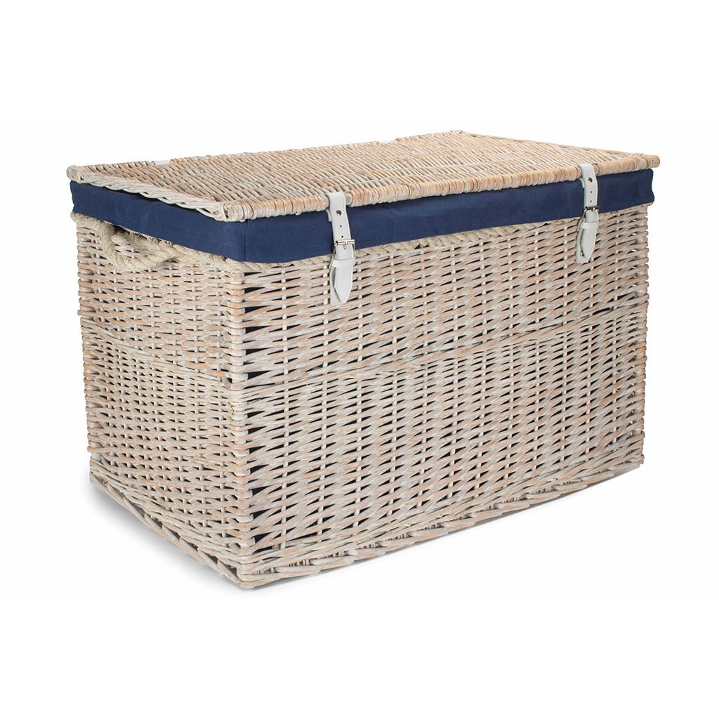 29 Inch White Wash Willow Storage Hamper with Rope Handles and Navy Blue Lining - REGN