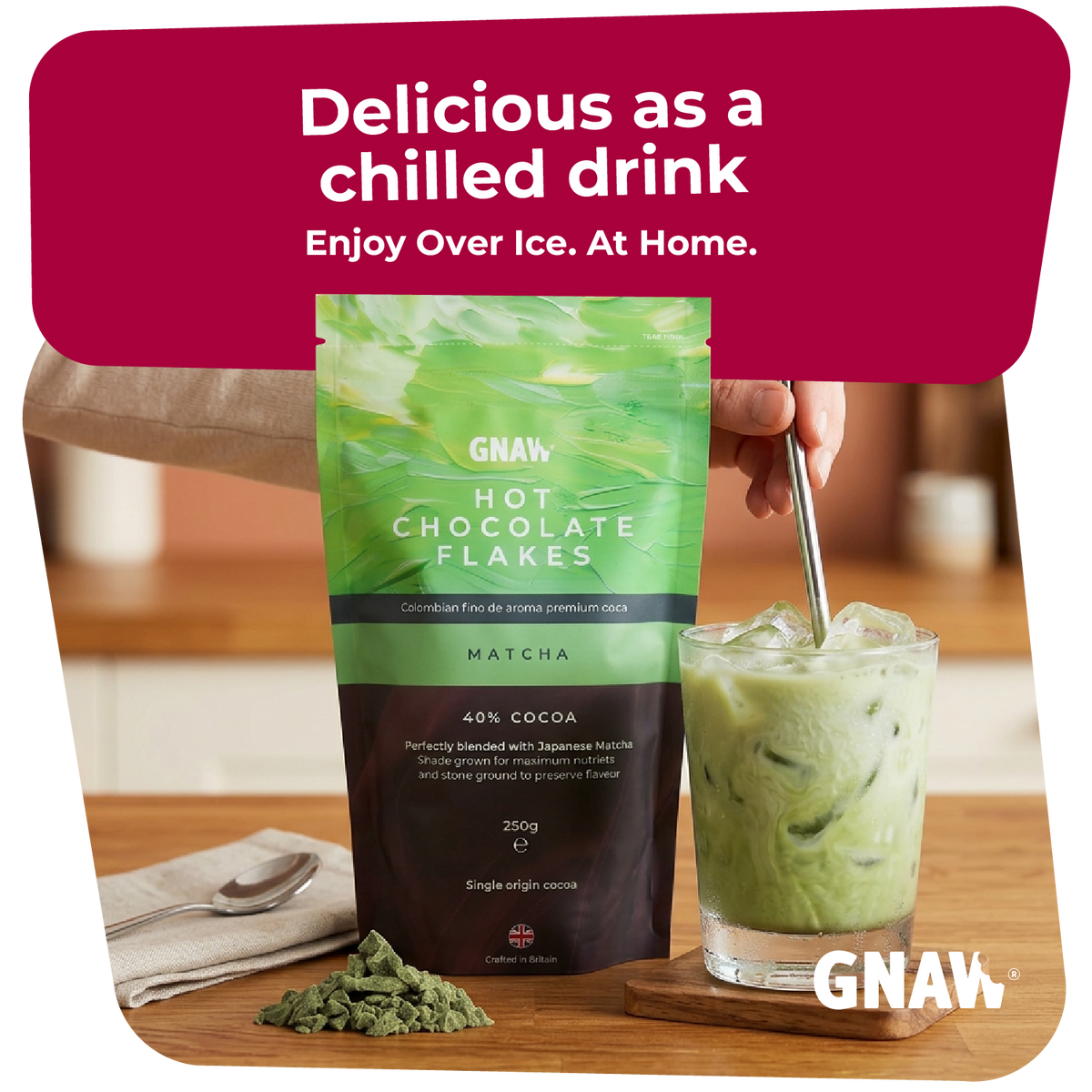 GNAW Matcha Hot Chocolate Flakes | 40% Colombian Cocoa & Japanese Matcha | Luxury Drinking Chocolate