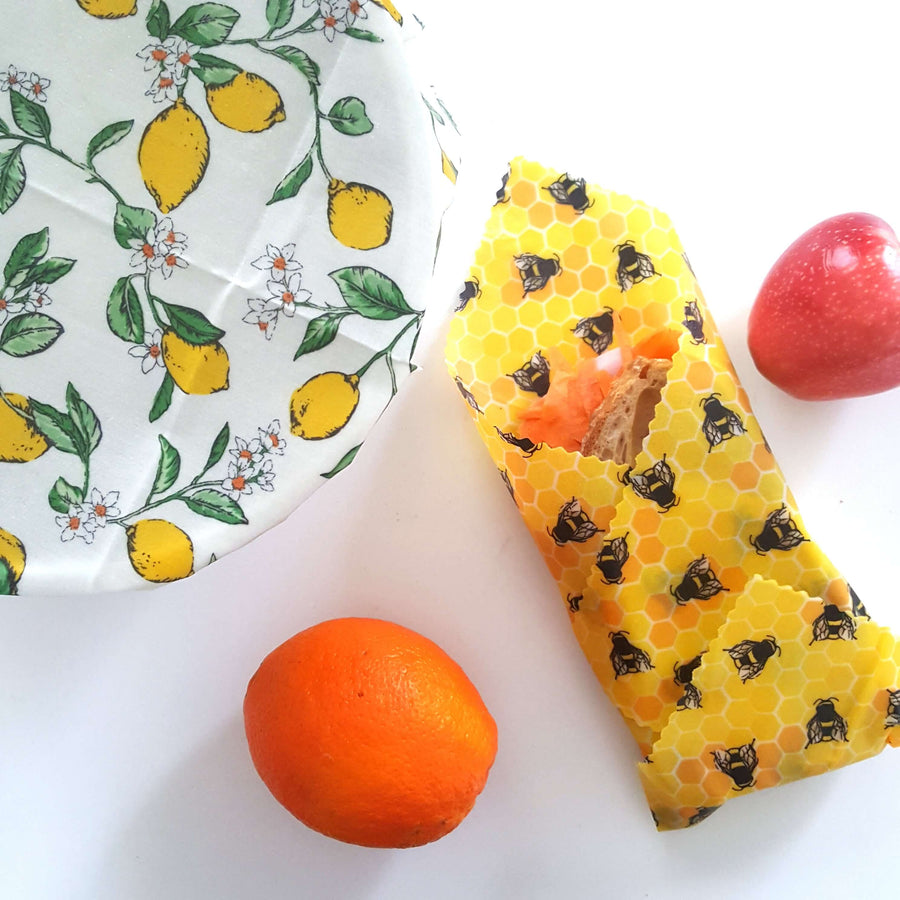 Beeswax Food Wraps Classic Set of 2 Large | Lemony Bees Design