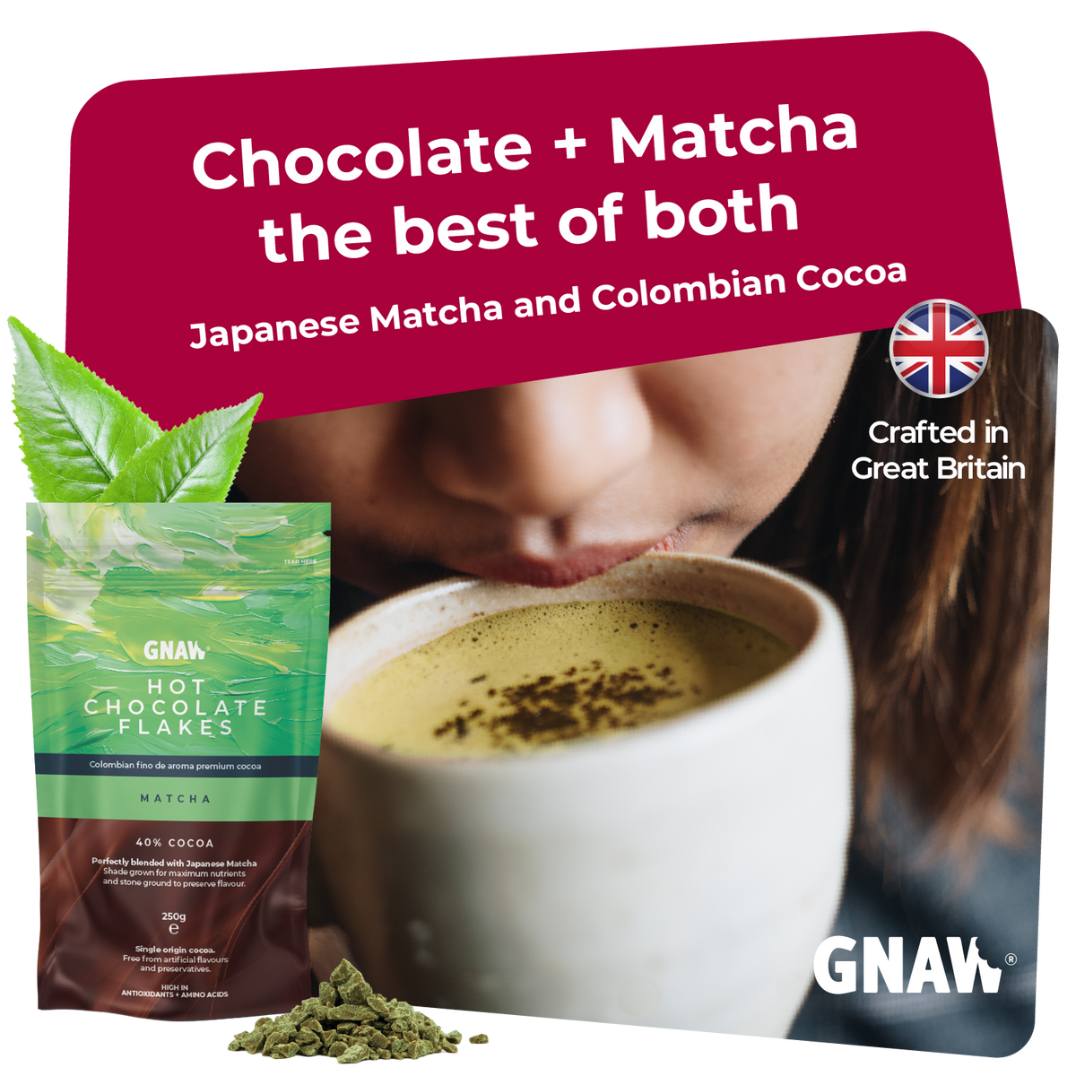 GNAW Matcha Hot Chocolate Flakes | 40% Colombian Cocoa & Japanese Matcha | Luxury Drinking Chocolate