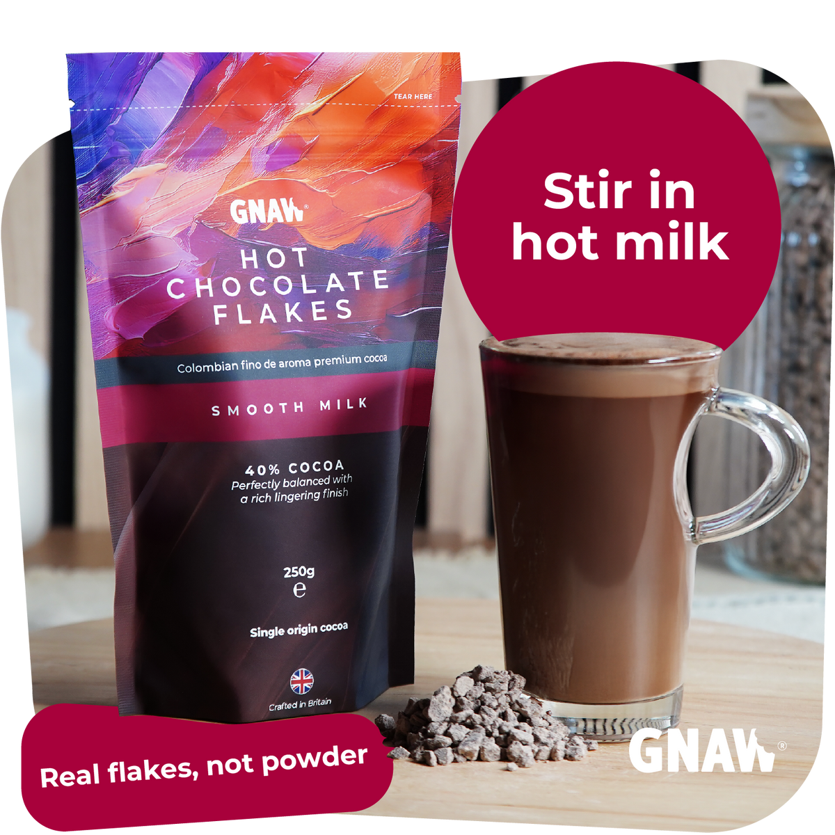 GNAW Milk Hot Chocolate Flakes | 40% Single-Origin Colombian Cocoa | Luxury Drinking Chocolate