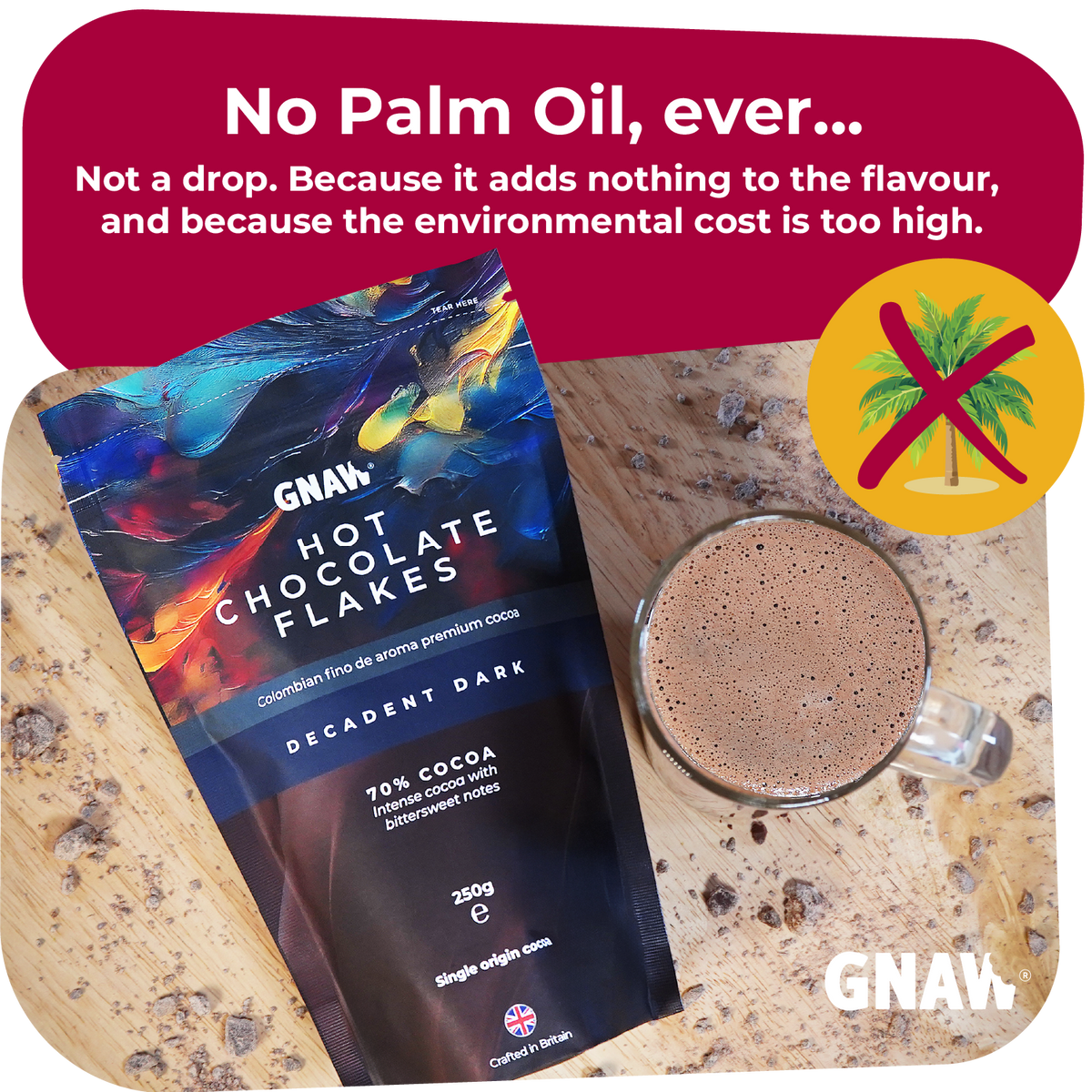 GNAW Dark Hot Chocolate Flakes | 70% Single-Origin Colombian Cocoa | Luxury Drinking Chocolate