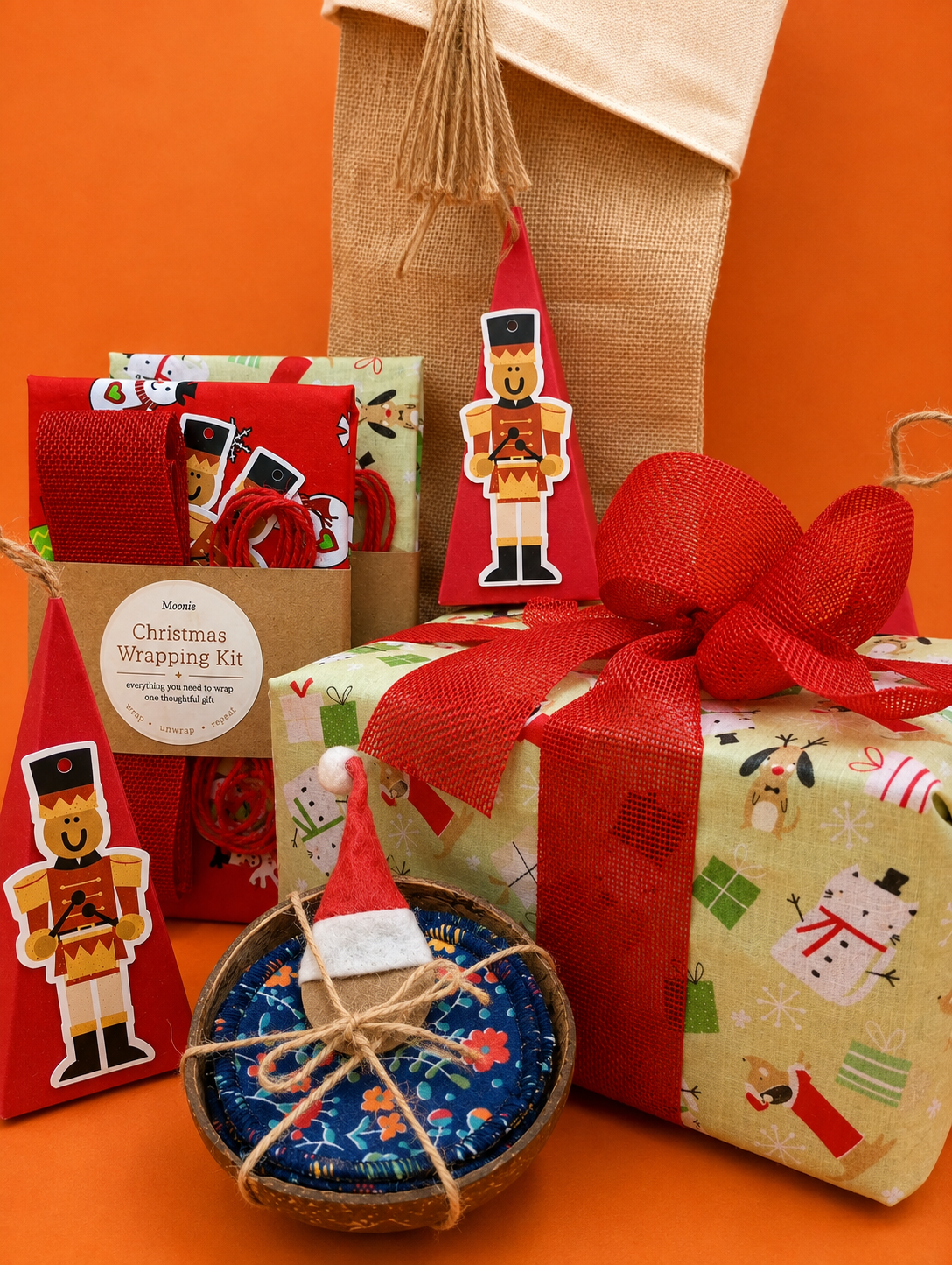 Reusable Christmas Wrapping Kit | Eco Fabric Gift Wrap, Ribbon, Twine & Tags | Red or Green