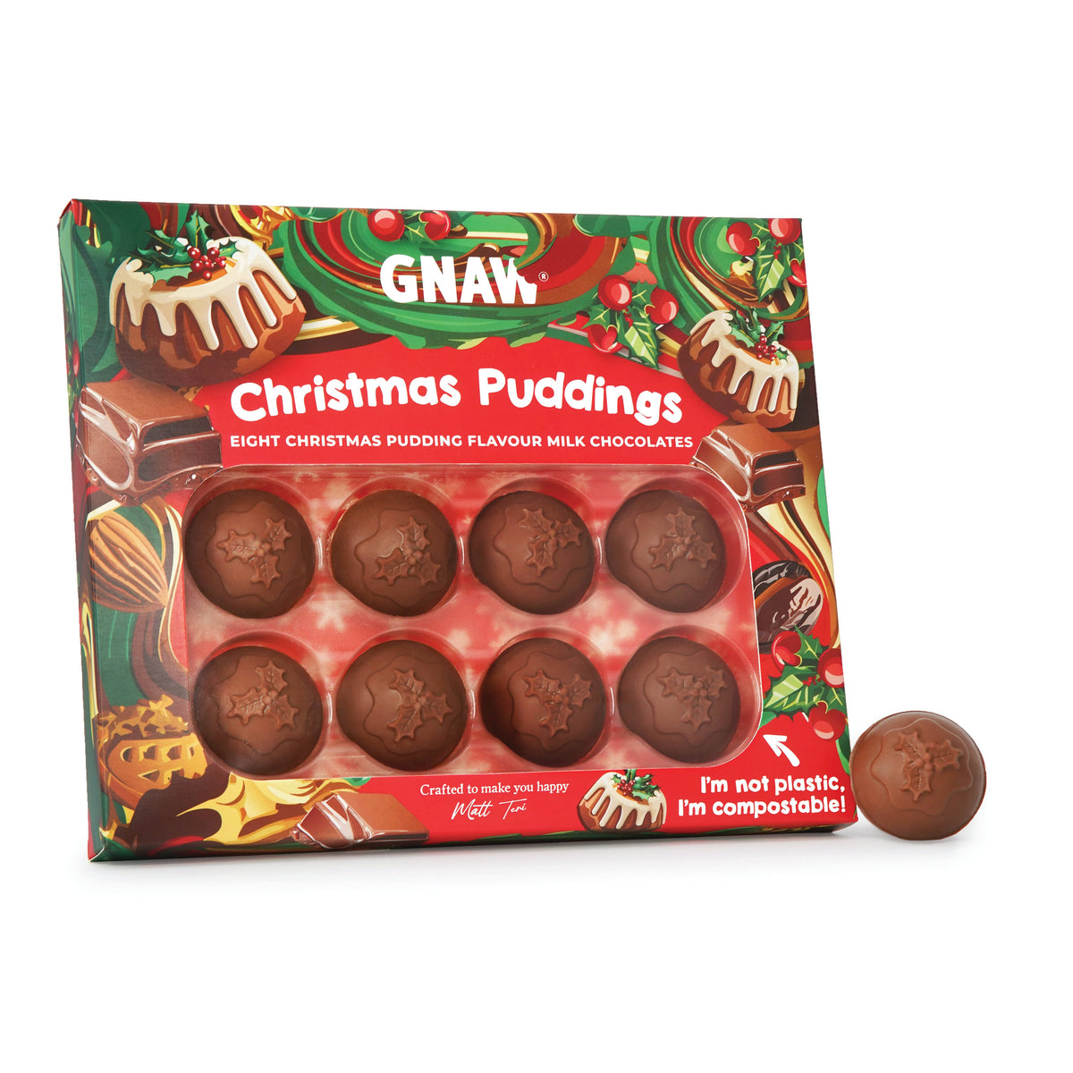GNAW Christmas Puddings Novelty Chocolate | 40% Colombian Milk Chocolate Mini Puddings | 8 x 14g