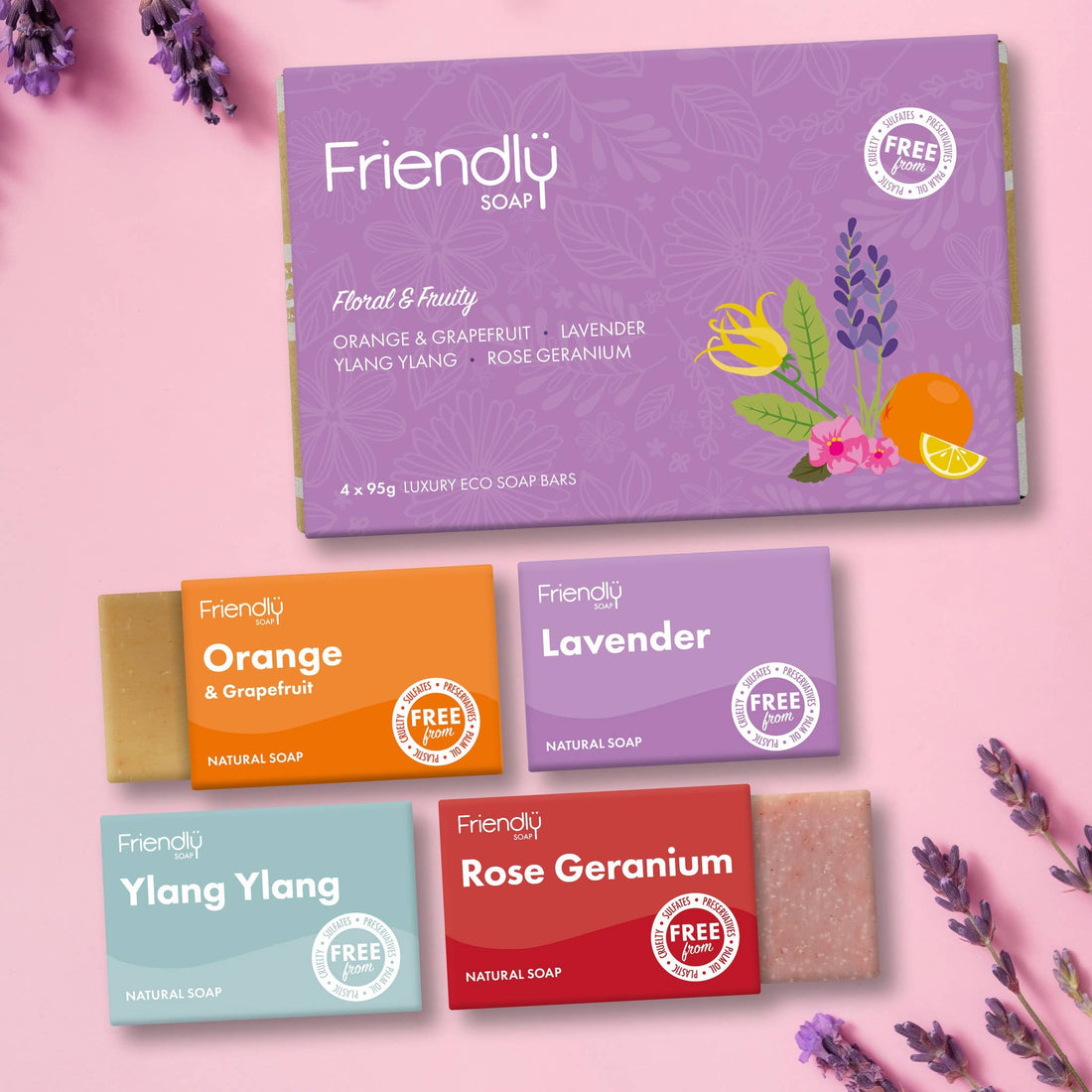 Vegan Soap Gift Set – Floral & Fruity Selection (4 x 95g Bars, Plastic-Free & Handmade)