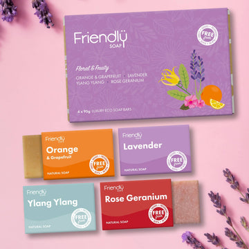 Vegan Soap Gift Set – Floral & Fruity Selection (4 x 95g Bars, Plastic-Free & Handmade)