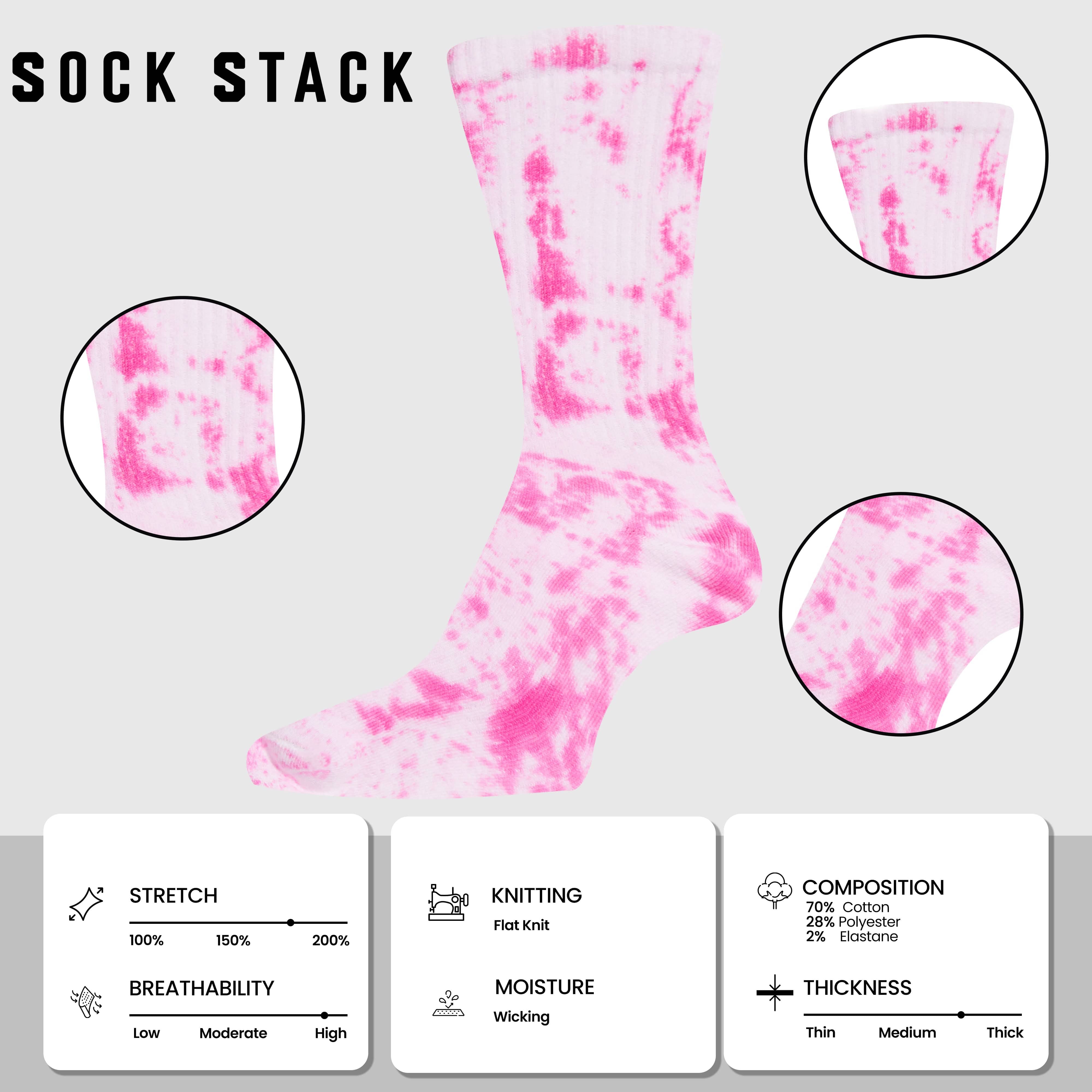 Sock Stack Sport Socks 5 Pack Tie Dye Cotton Durable Blend Unisex Casual Everyday Wear
