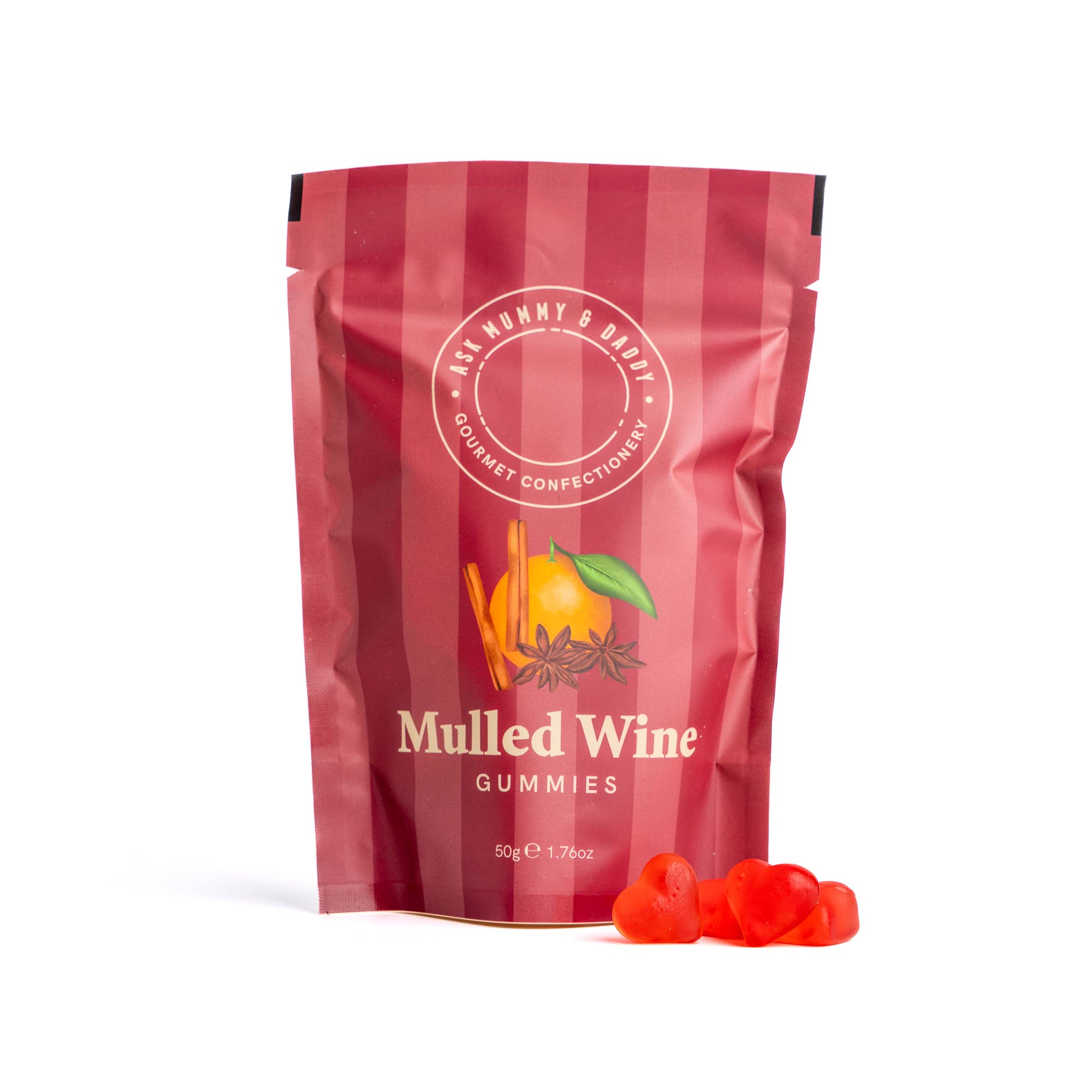 Ask Mummy & Daddy Mulled Wine Gummies 50g Pouch – Heart Shaped Mulled Wine Flavoured Sweets