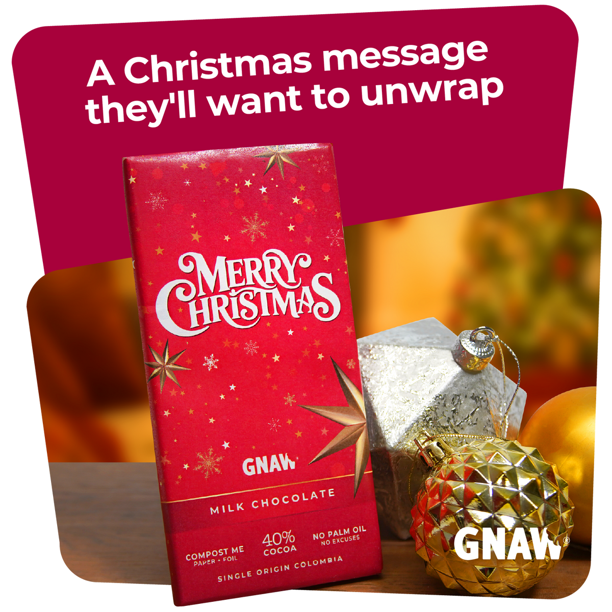 GNAW Merry Christmas Milk Chocolate Bar 80g | 40% Colombian Cocoa | Festive Chocolate Gift