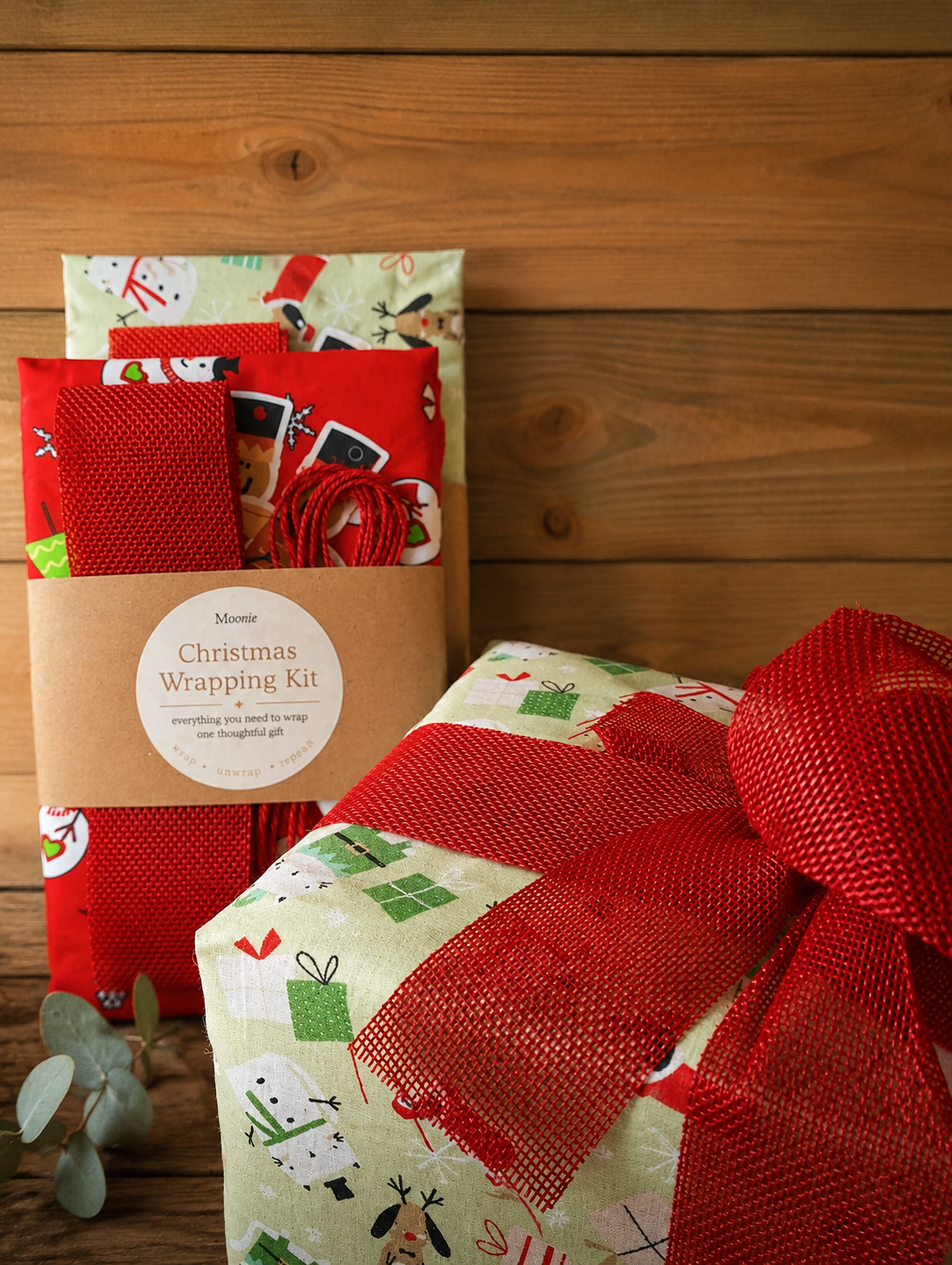Reusable Christmas Wrapping Kit | Eco Fabric Gift Wrap, Ribbon, Twine & Tags | Red or Green
