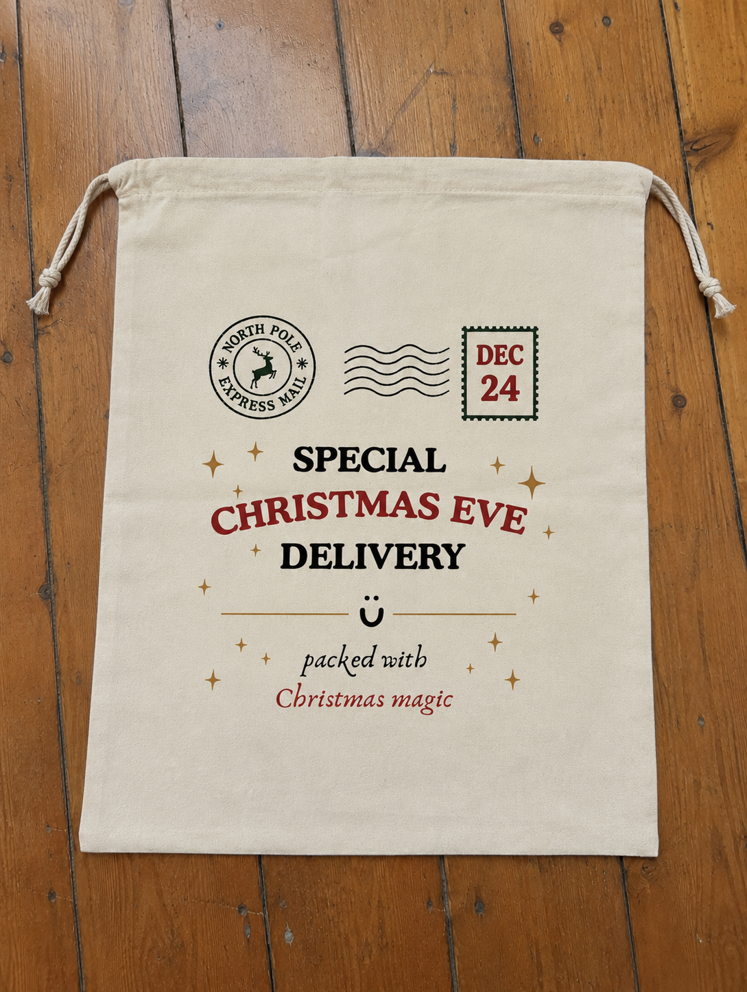 Reusable Christmas Eve Santa Bag | Handmade Cotton Christmas Gift Sack | 35 x 45cm