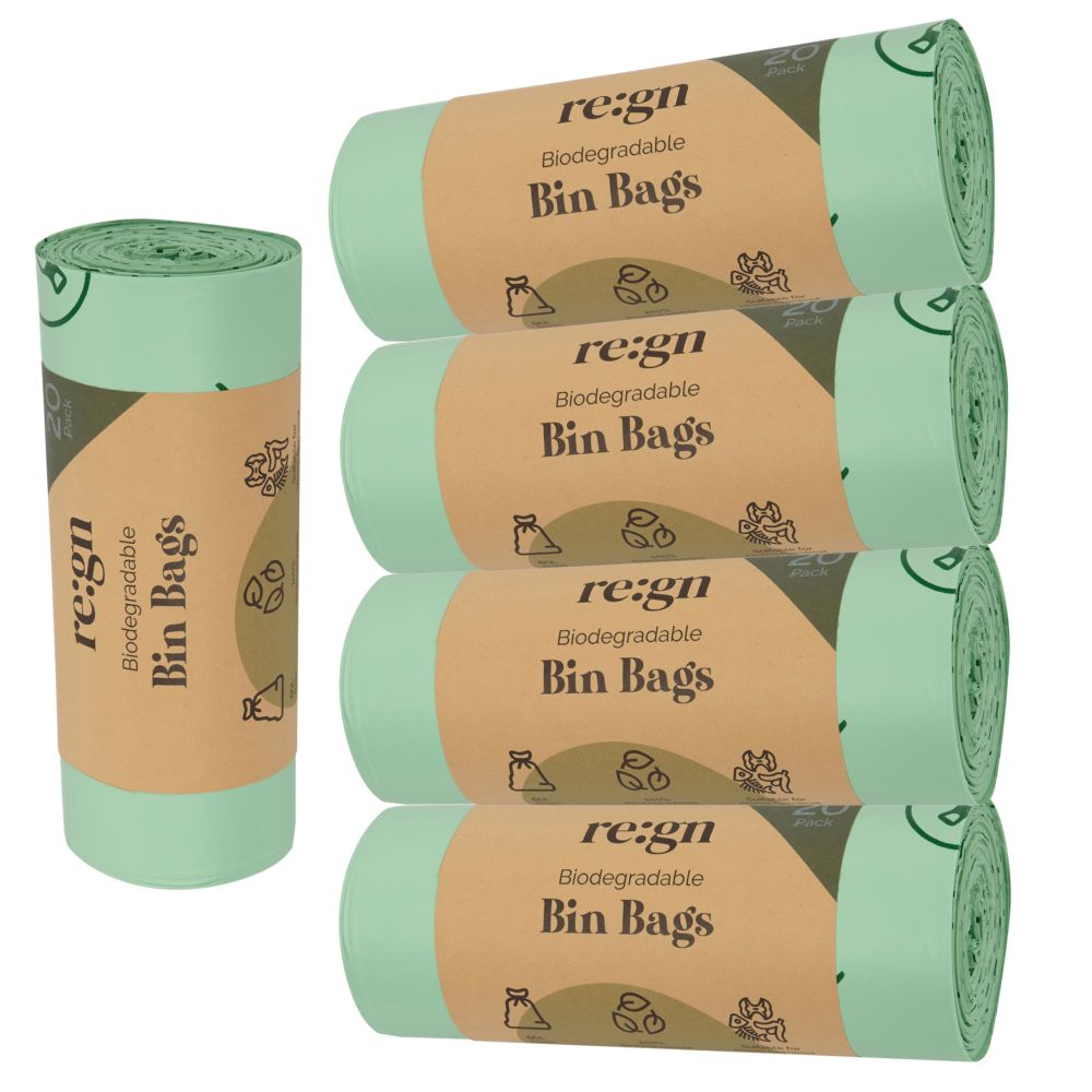 80L Biodegradable Eco Friendly Bin Bags, Eco Waste Disposal - 5 Rolls - REGN