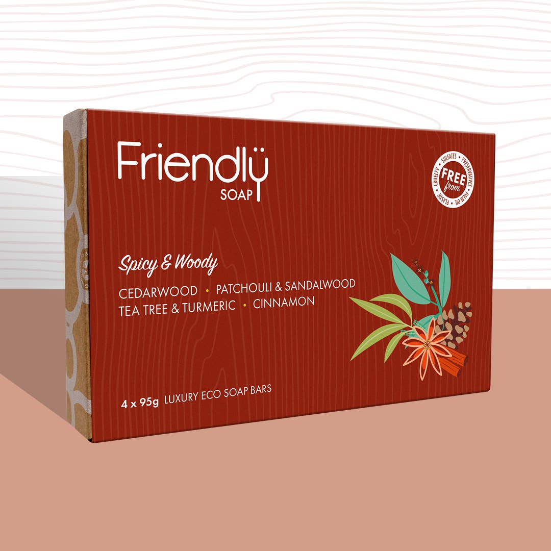 Vegan Soap Gift Set – Spicy & Woody Selection (4 x 95g Bars, Plastic-Free & Handmade)
