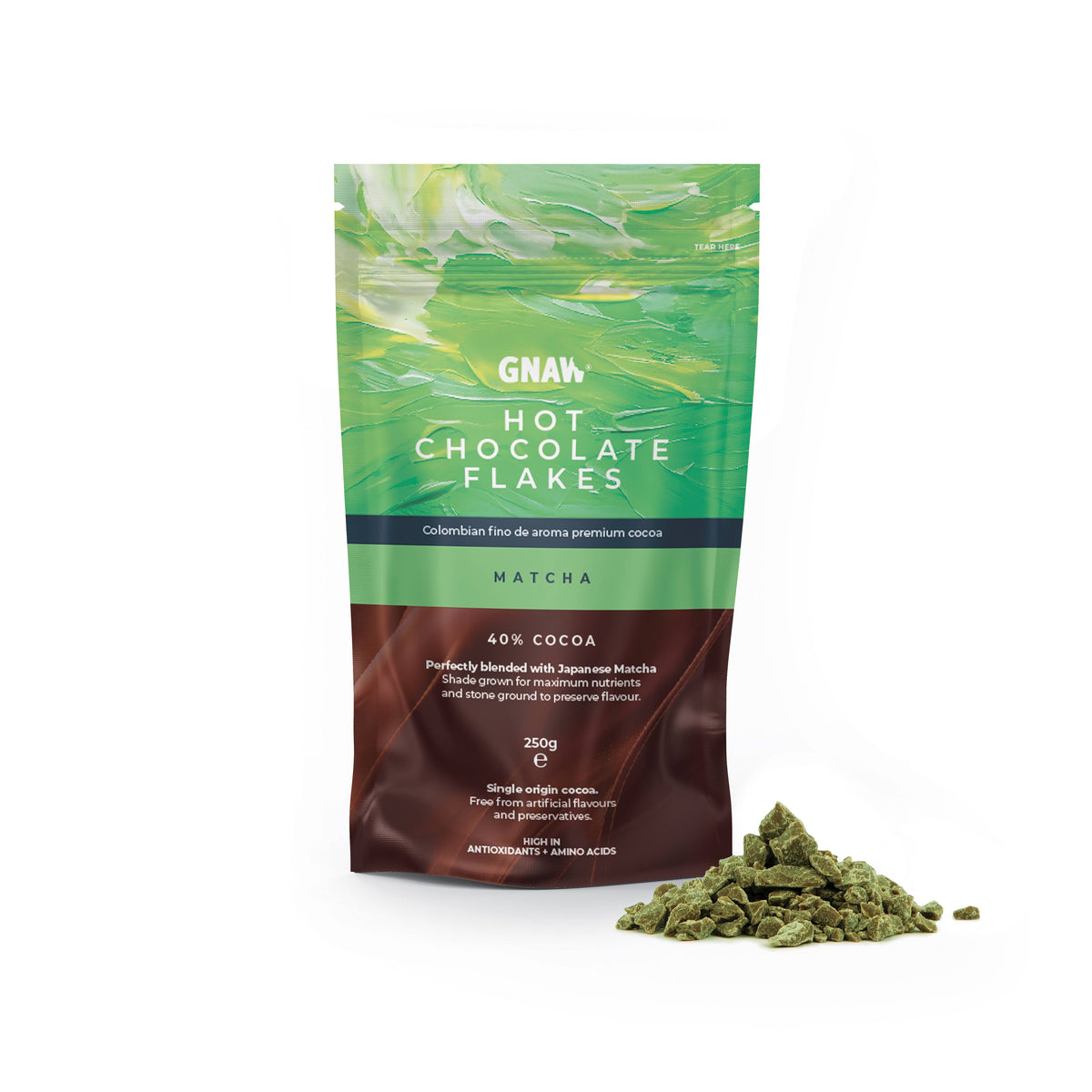 GNAW Matcha Hot Chocolate Flakes | 40% Colombian Cocoa & Japanese Matcha | Luxury Drinking Chocolate