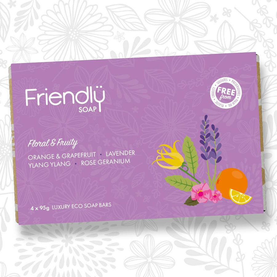 Vegan Soap Gift Set – Floral & Fruity Selection (4 x 95g Bars, Plastic-Free & Handmade)