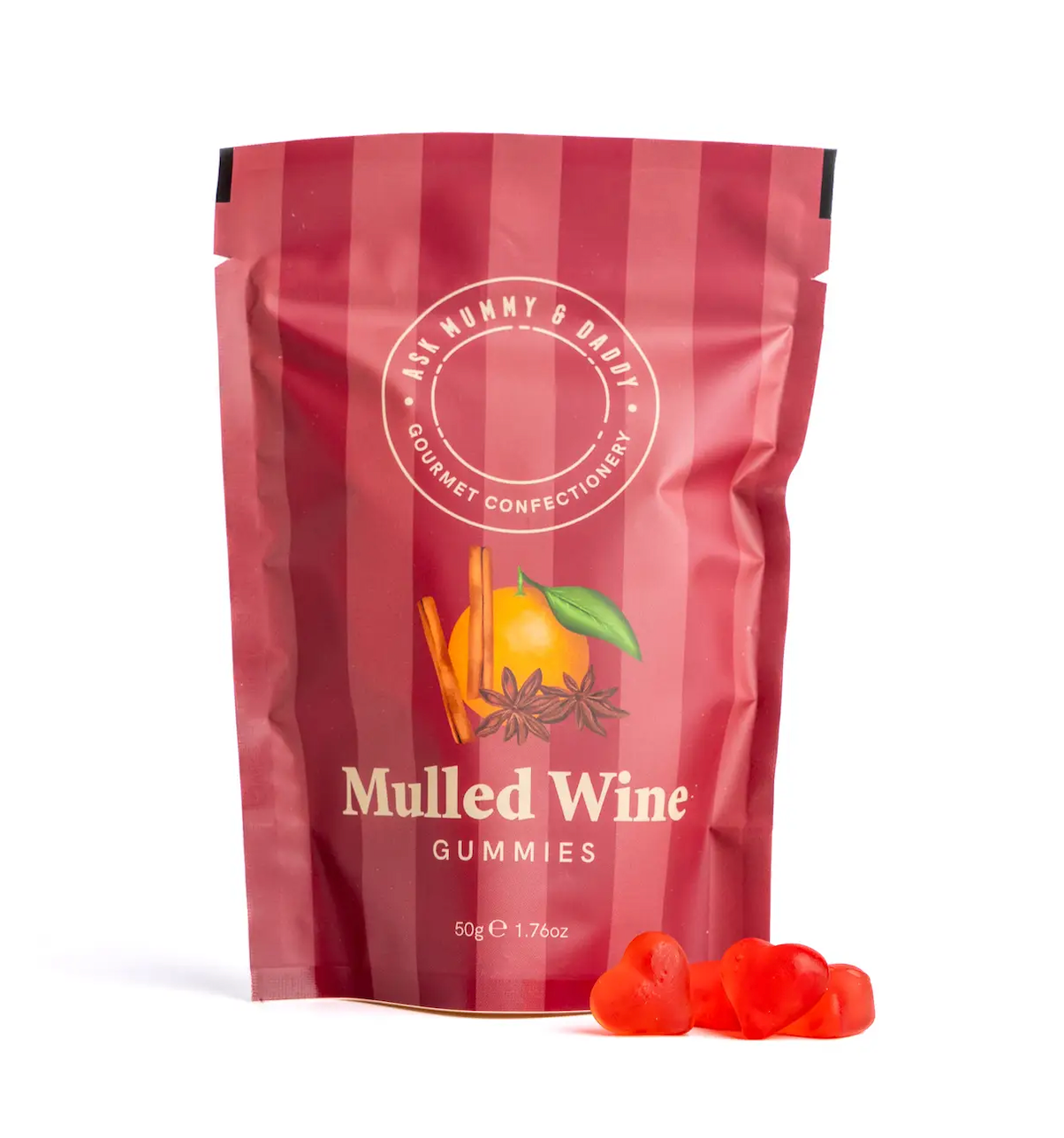 Ask Mummy & Daddy Mulled Wine Gummies 50g Pouch – Heart Shaped Mulled Wine Flavoured Sweets
