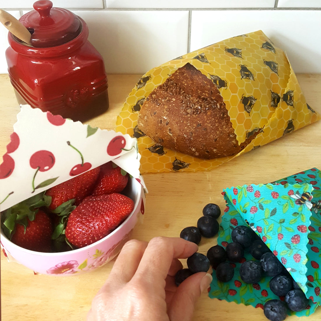Beeswax Food Wraps Classic Set of 3 | Bees & Cherries Design