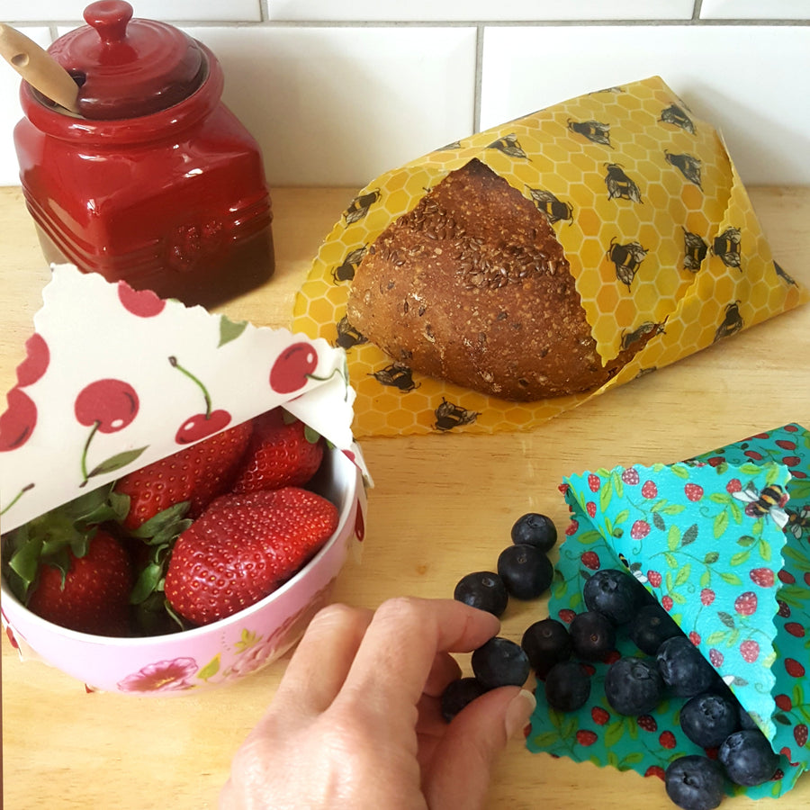Beeswax Food Wraps Classic Set of 3 | Bees & Cherries Design
