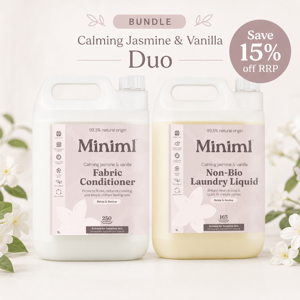 Miniml Wild Jasmine + Vanilla Laundry Liquid & Fabric Conditioner Bundle