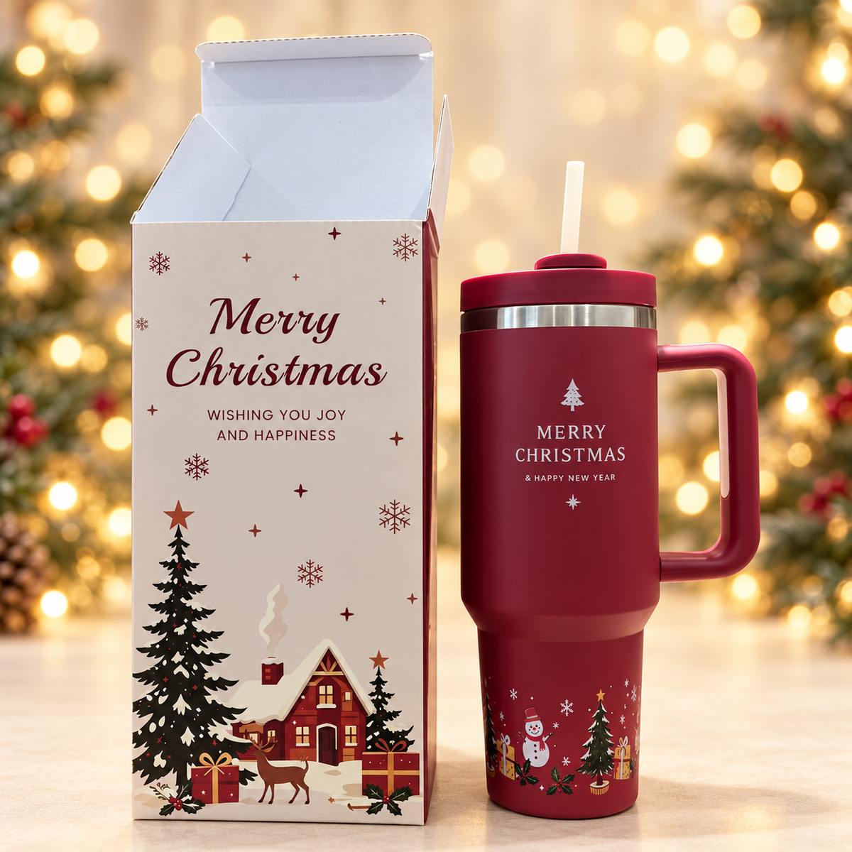 Christmas Tumbler with Handle & Straw | Insulated Stainless Steel Travel Mug
