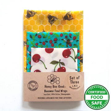 Beeswax Food Wraps Classic Set of 3 | Bees & Cherries Design