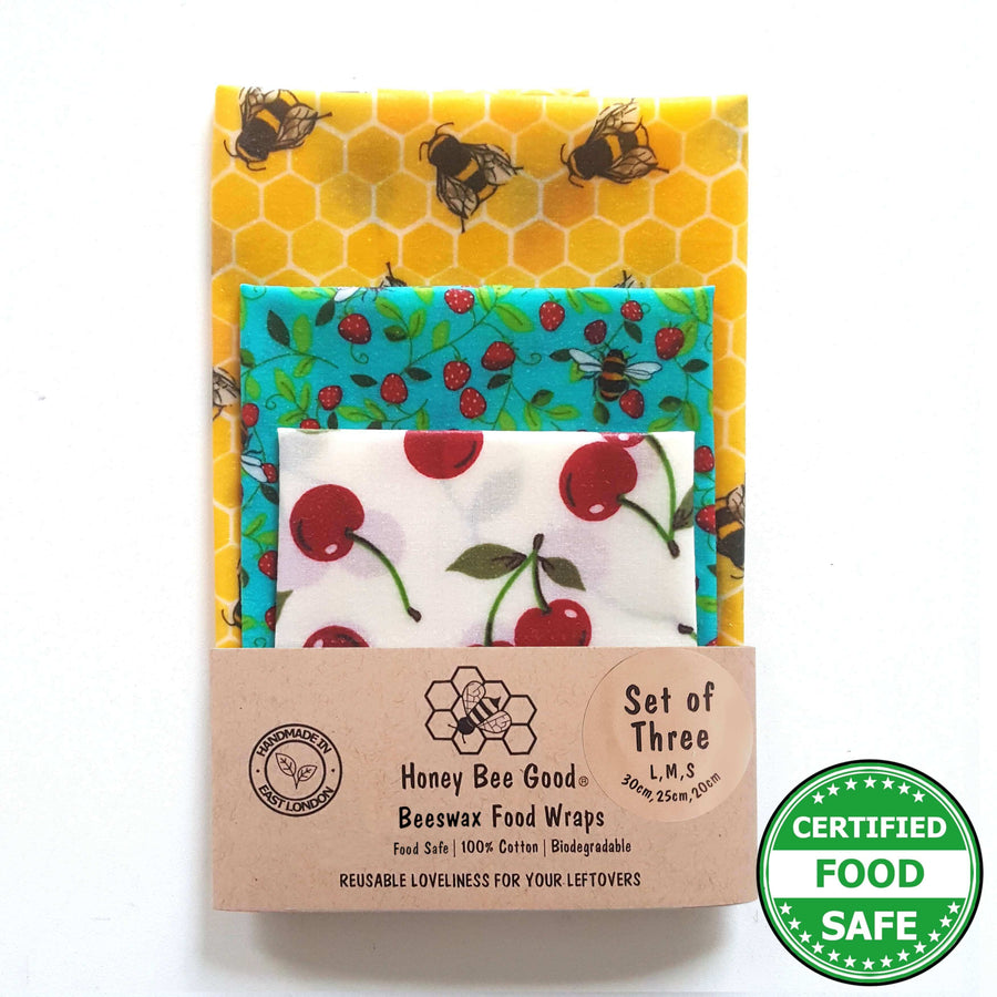 Beeswax Food Wraps Classic Set of 3 | Bees & Cherries Design