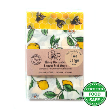Beeswax Food Wraps Classic Set of 2 Large | Lemony Bees Design