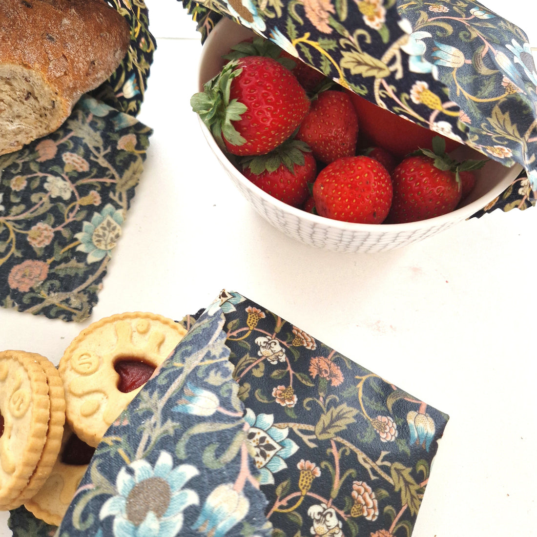 British Beeswax 100% Cotton Food Wraps Set of 3 | William Morris Evenlode Blue
