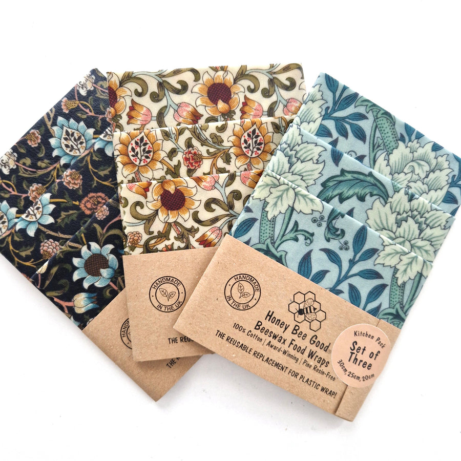 British Beeswax 100% Cotton Food Wraps Set of 3 | William Morris Evenlode Blue