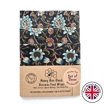 British Beeswax 100% Cotton Food Wraps Set of 3 | William Morris Evenlode Blue