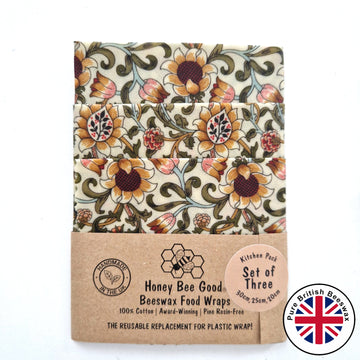 British Beeswax 100% Cotton Food Wraps Set of 3 | William Morris Evenlode Natural