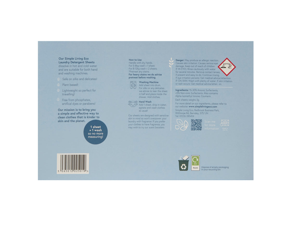 Simple Living Eco Laundry Detergent Sheets | Plastic Free | Made in the UK | 32 Washes