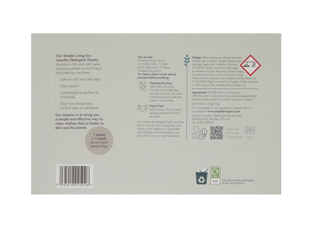Simple Living Eco Laundry Detergent Sheets | Plastic Free | Made in the UK | 32 Washes