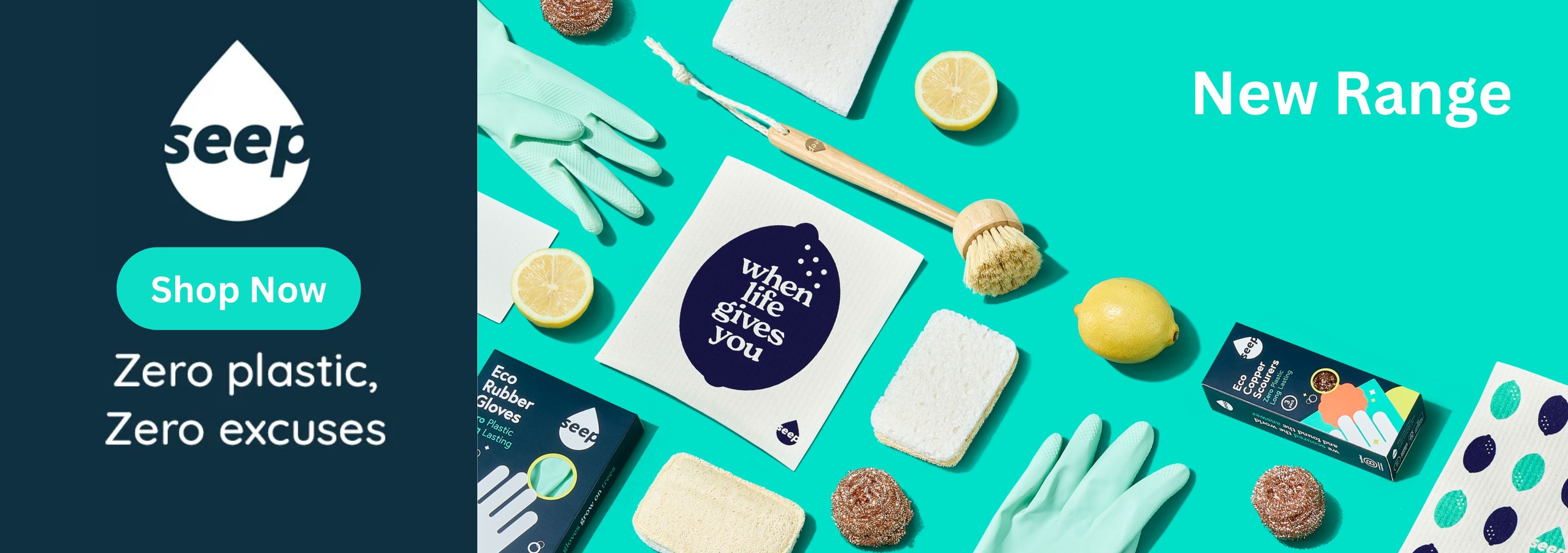Promotional banner for a new product range with 'seep' branding, showing products and promotional text on a teal background.