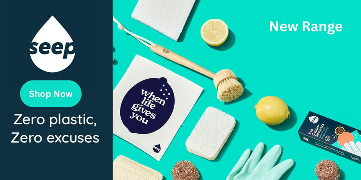 Product display with 'seep' brand on a teal background, featuring cleaning items and promotional text.