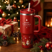 Christmas Tumbler with Handle & Straw | Insulated Stainless Steel Travel Mug