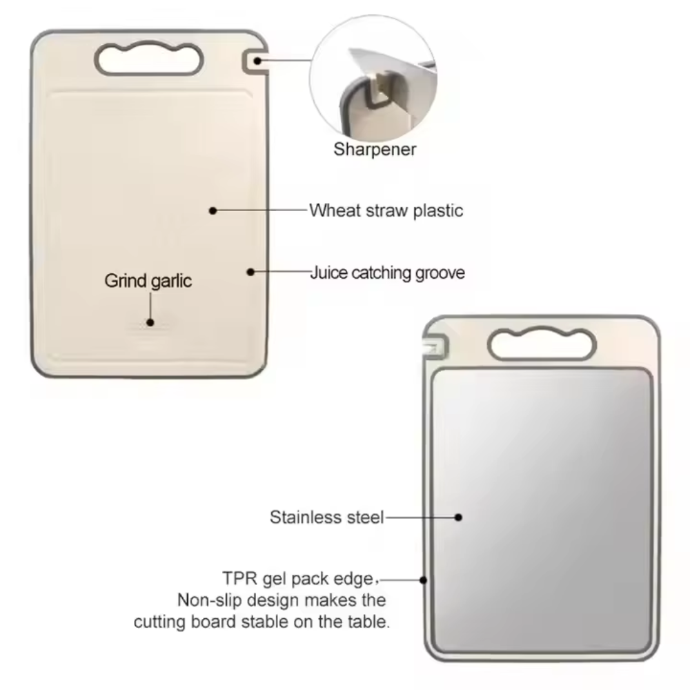Double-Sided Stainless Steel Cutting Board with Wheat Straw & Knife Sharpener