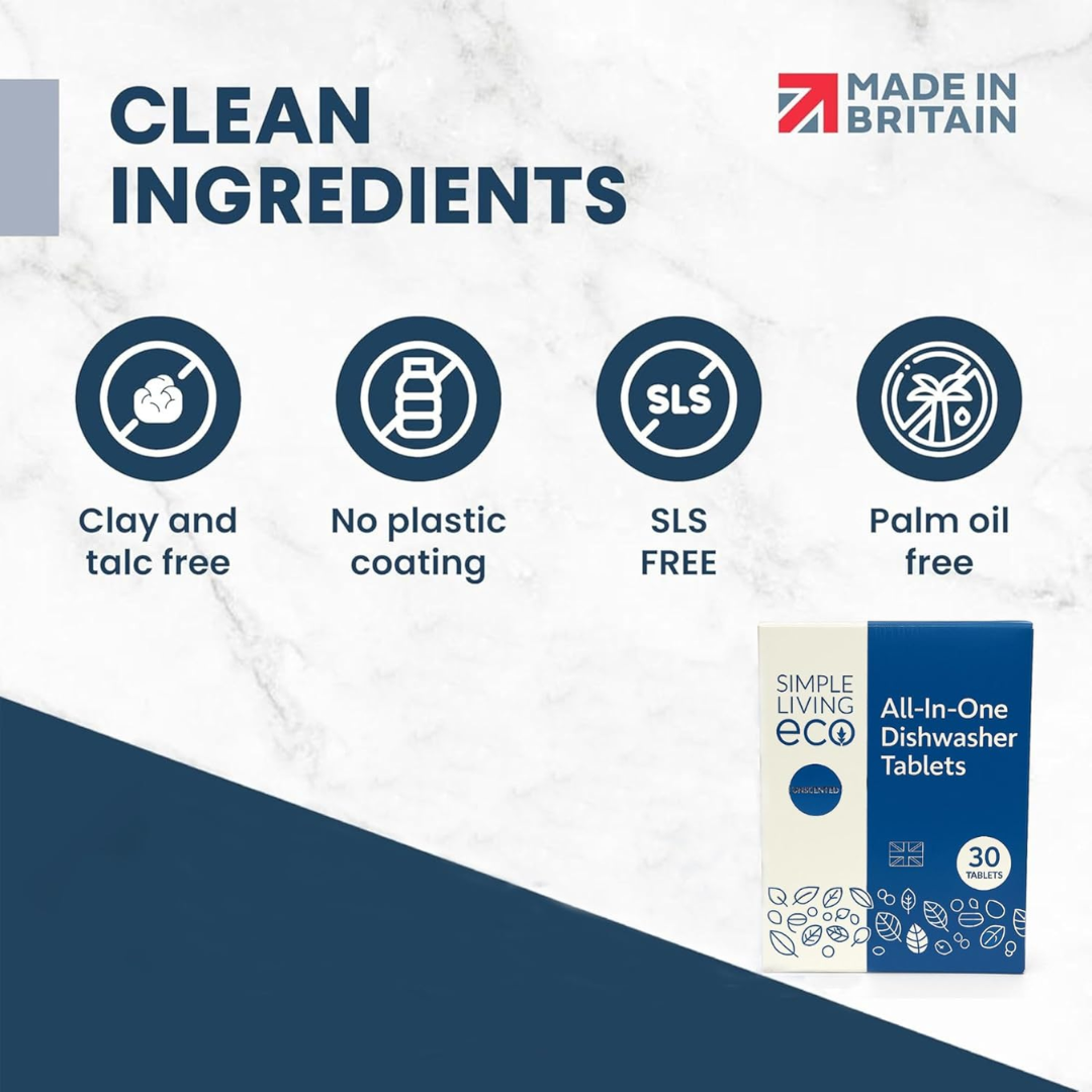 Simple Living Eco All-In-One Dishwasher Tablets | Plant-Based & Plastic-Free | 30 Pack