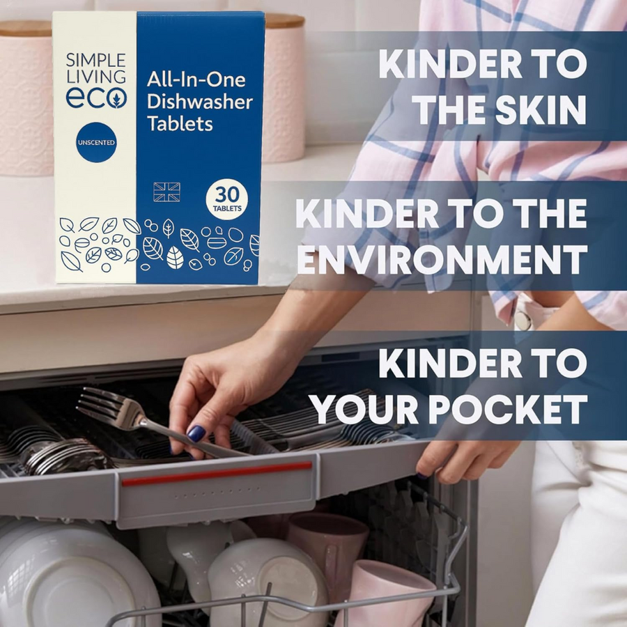 Simple Living Eco All-In-One Dishwasher Tablets | Plant-Based & Plastic-Free | 30 Pack