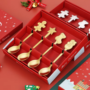 Christmas Stainless Steel Dessert Spoon Gift Set – Gold or Silver (4pcs)