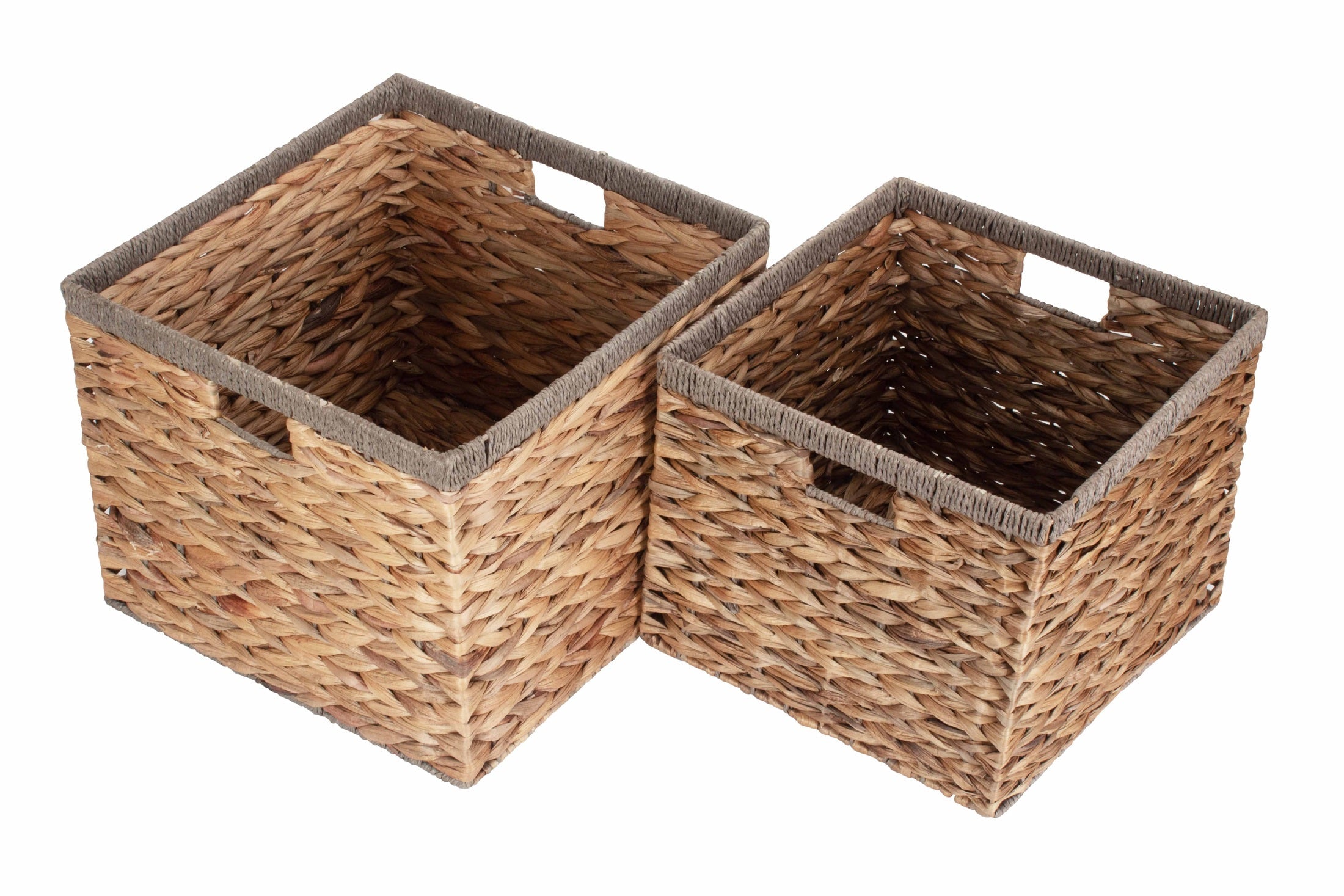 Set of 2 Square Water Hyacinth Storage Baskets with Grey Rope Border