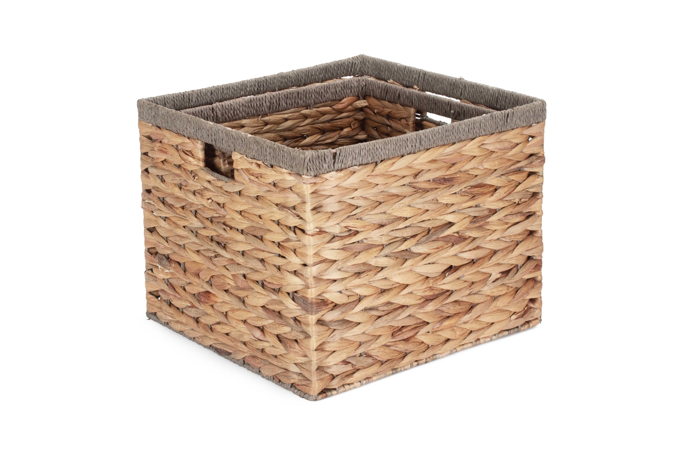 Set of 2 Square Water Hyacinth Storage Baskets with Grey Rope Border