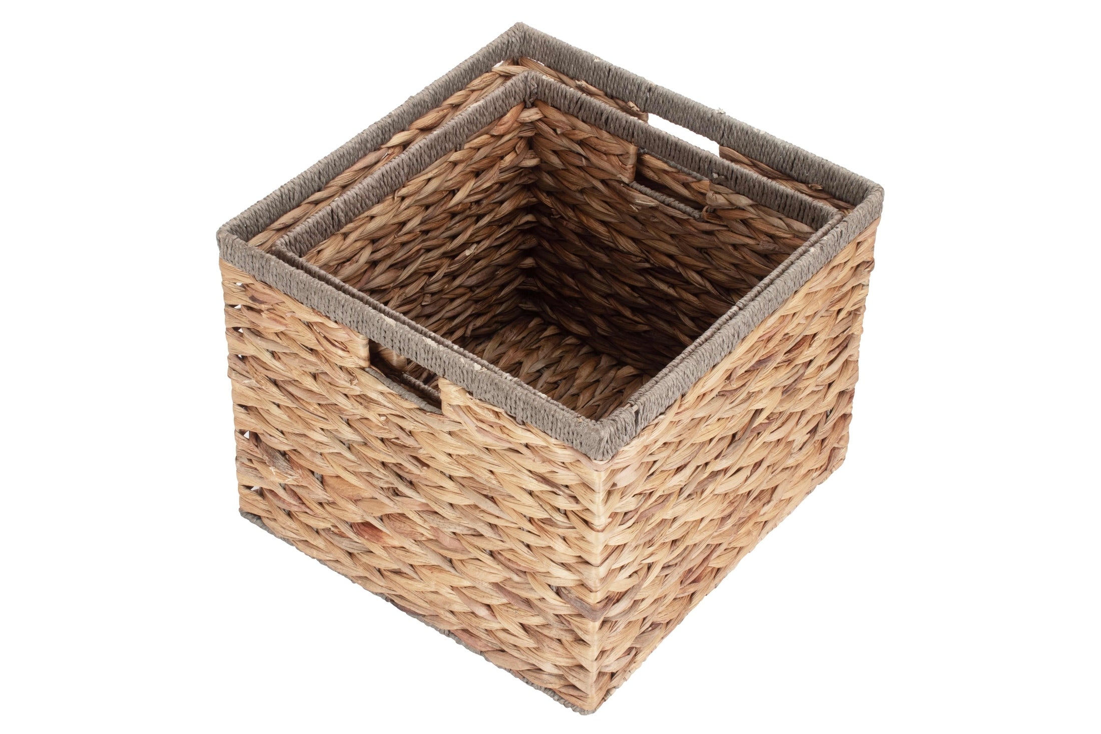 Set of 2 Square Water Hyacinth Storage Baskets with Grey Rope Border
