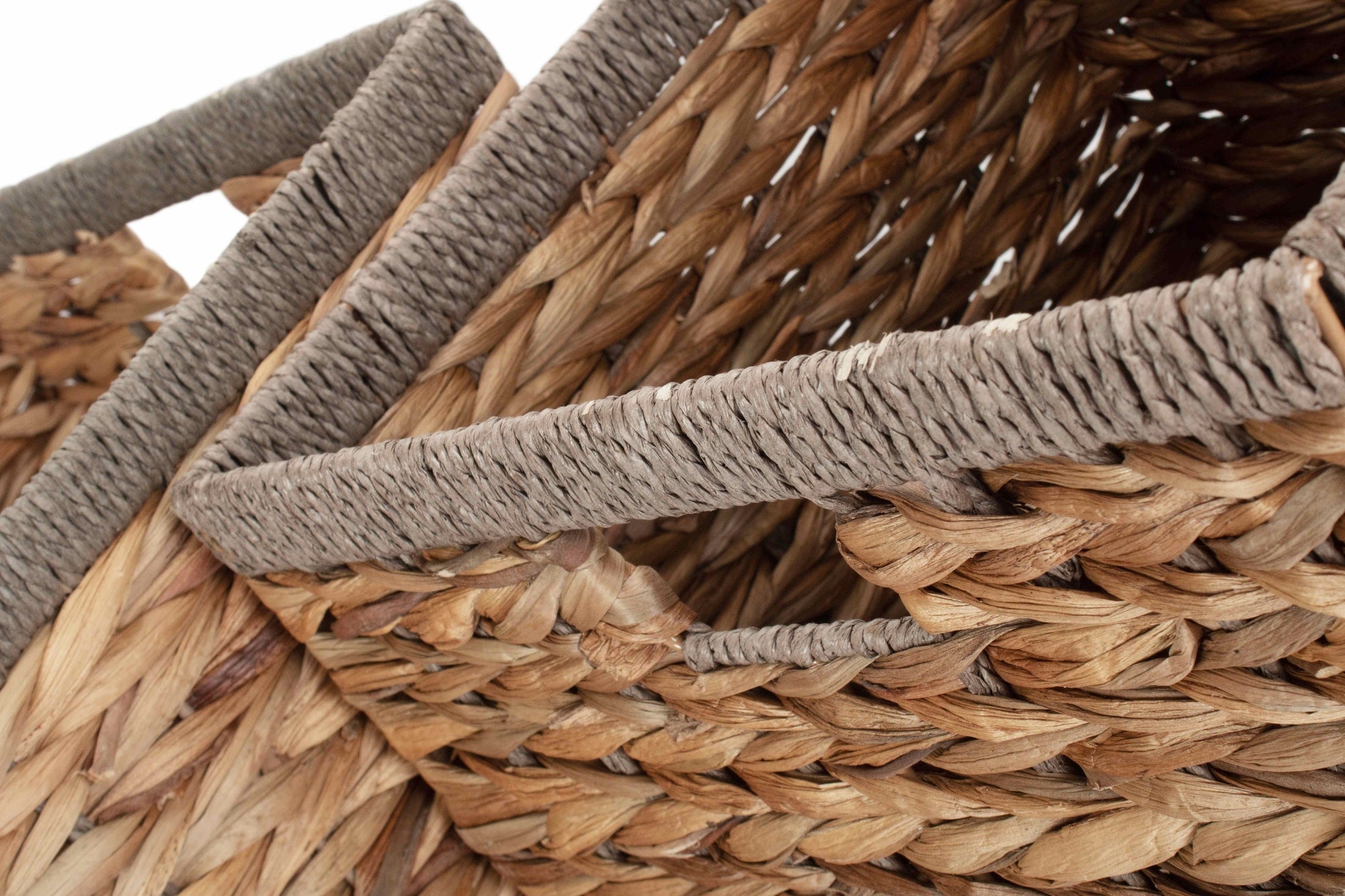 Set of 2 Square Water Hyacinth Storage Baskets with Grey Rope Border