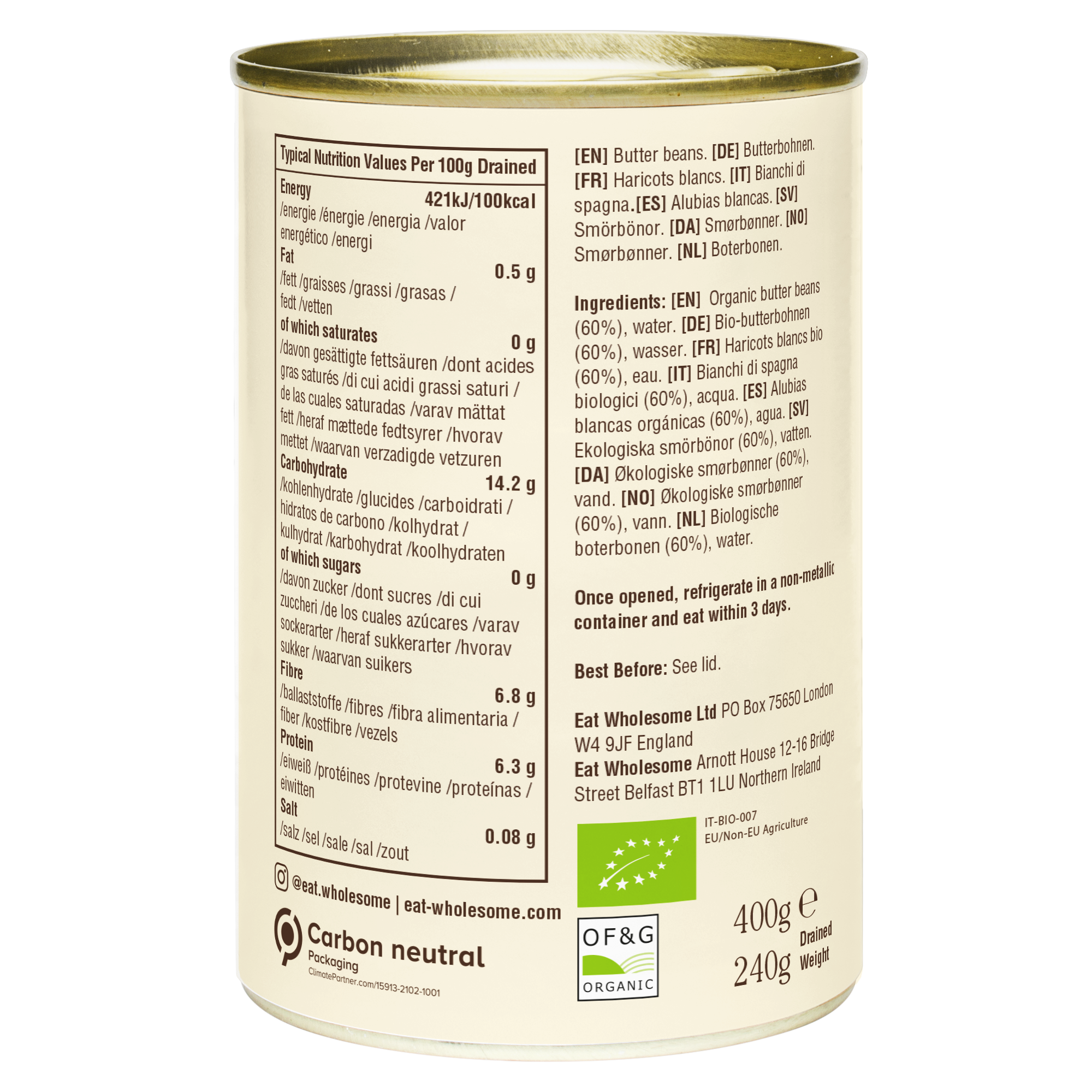 Eat Wholesome Organic Butter Beans 400g | No Added Salt