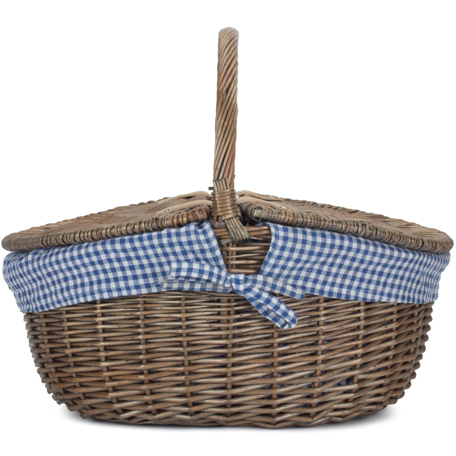 Antique Wash Finish Willow Oval Picnic Basket with Blue & White Checked Lining - REGN