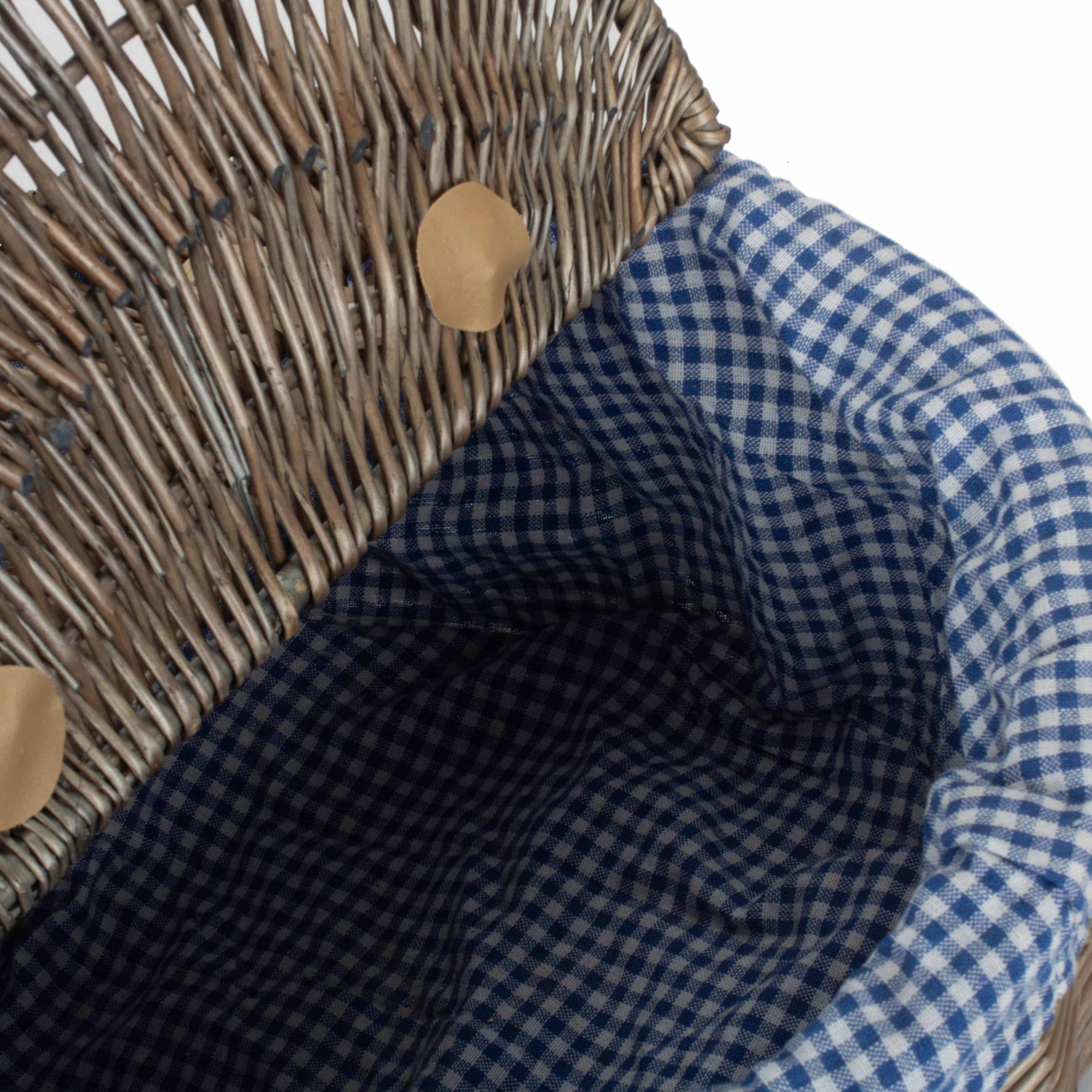 Antique Wash Finish Willow Oval Picnic Basket with Blue & White Checked Lining - REGN