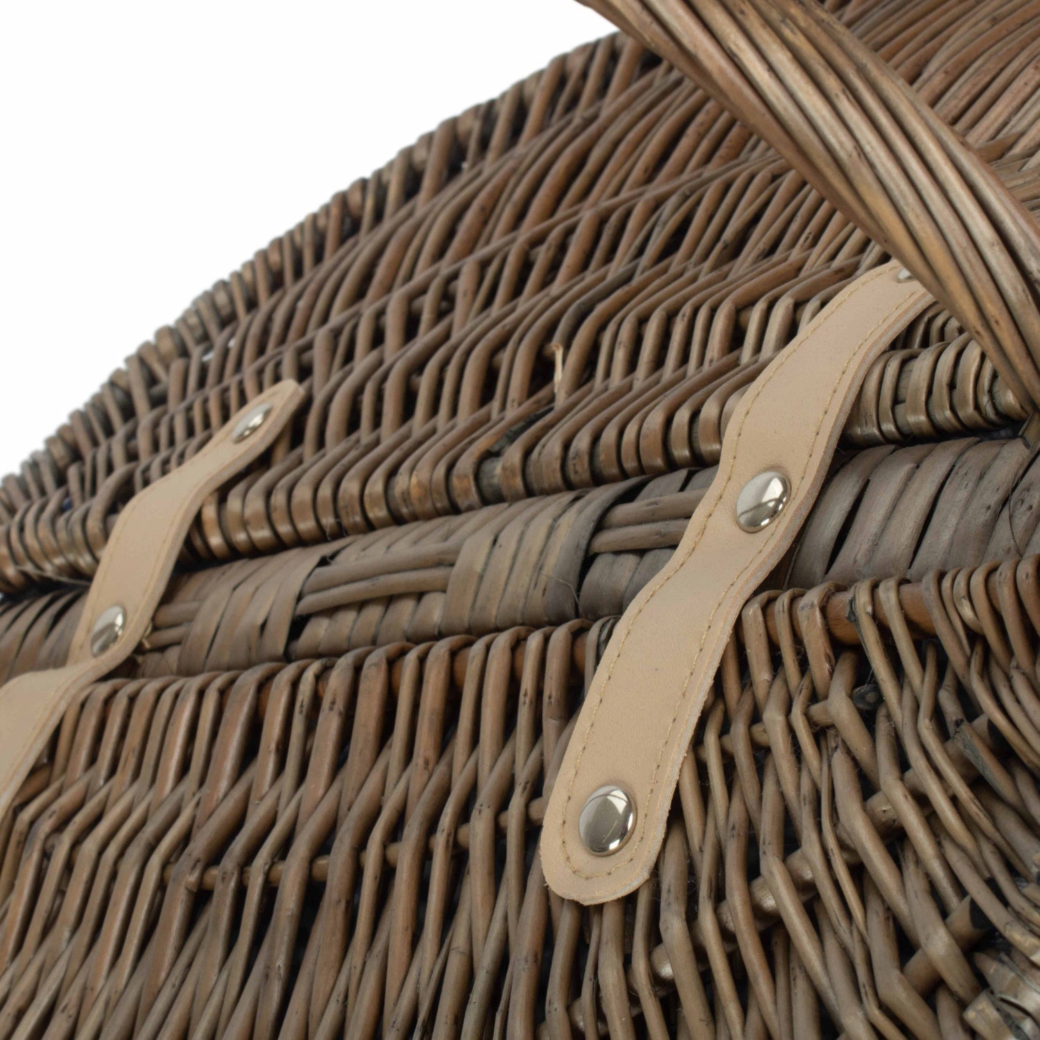 Antique Wash Finish Willow Oval Picnic Basket with Blue & White Checked Lining - REGN
