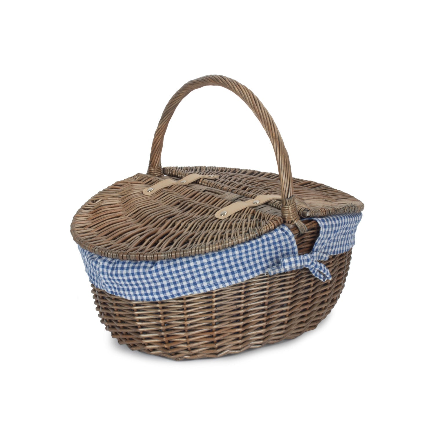 Antique Wash Finish Willow Oval Picnic Basket with Blue & White Checked Lining - REGN