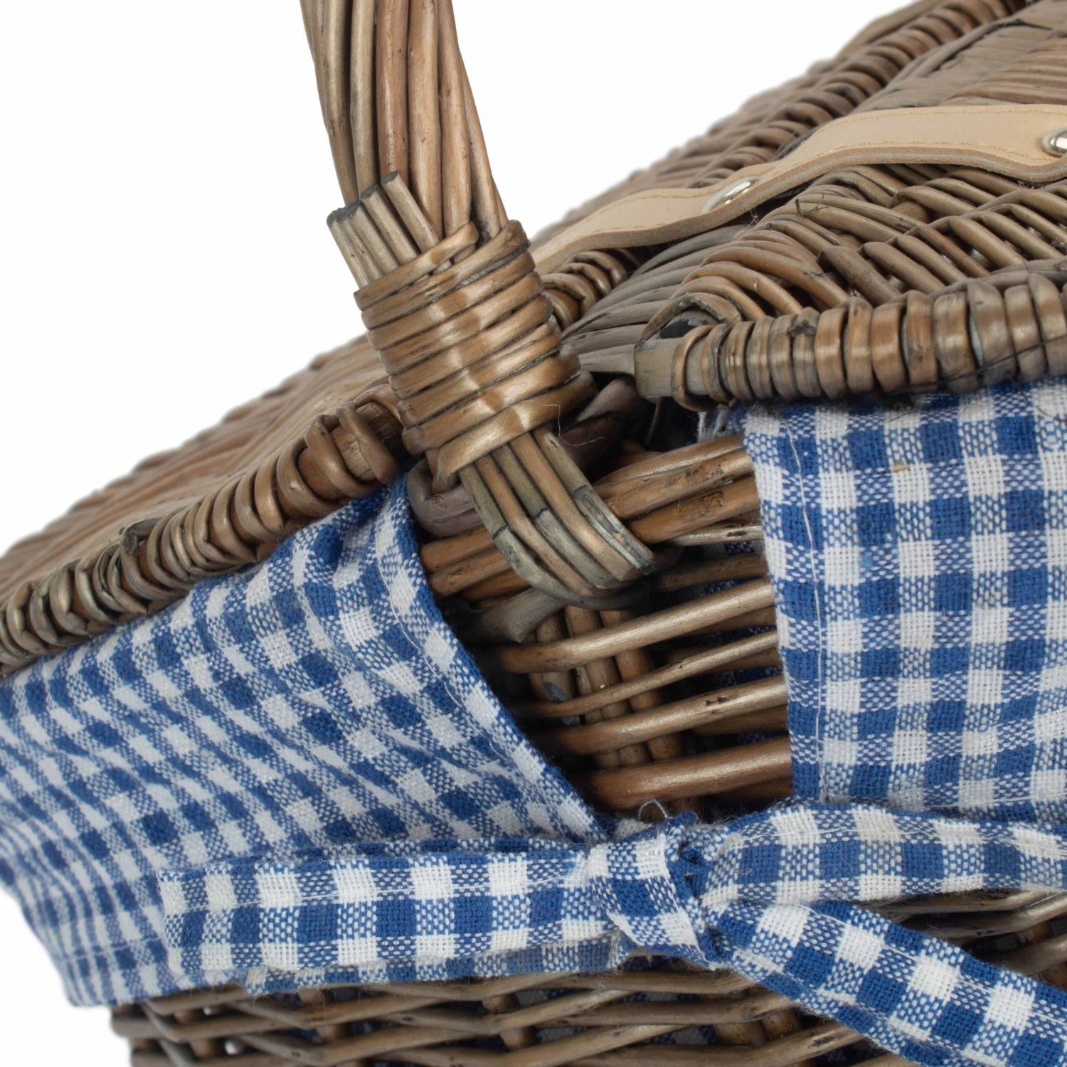 Antique Wash Finish Willow Oval Picnic Basket with Blue & White Checked Lining - REGN